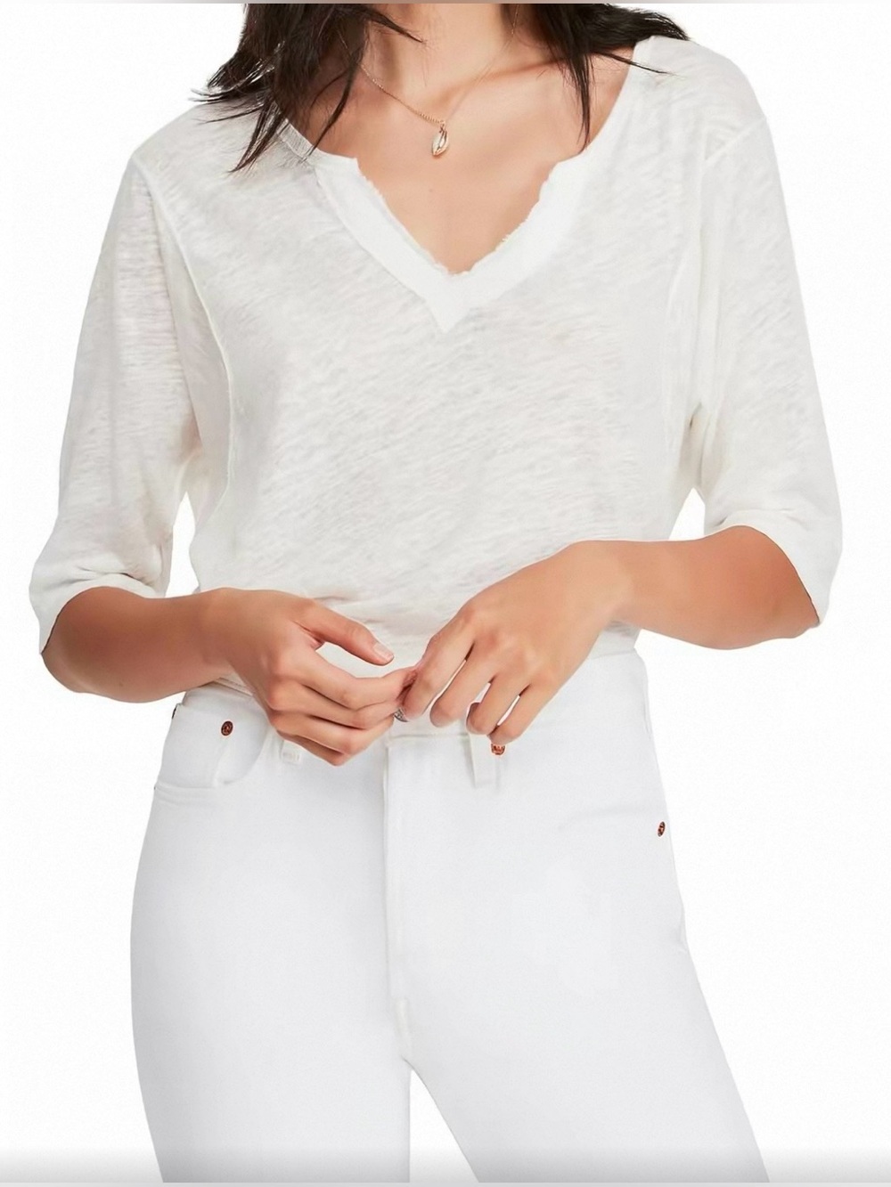 We The Free Breezy White V-Neck Slub Linen Blend Tee